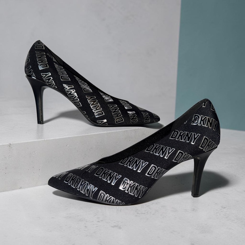 DKNY Womens 10M Black Silver Logo Print Pointed Toe Stiletto Pumps Heels